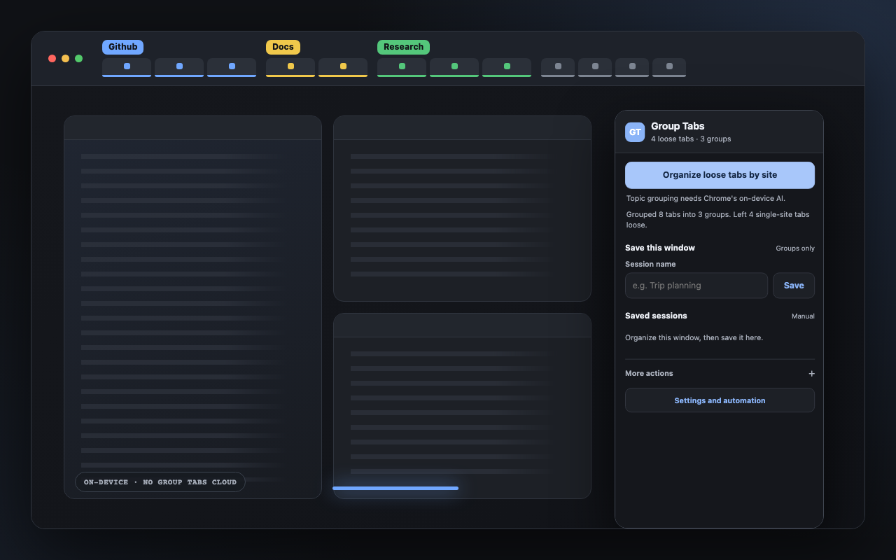 The current Group Tabs popup reporting a completed site-grouping run