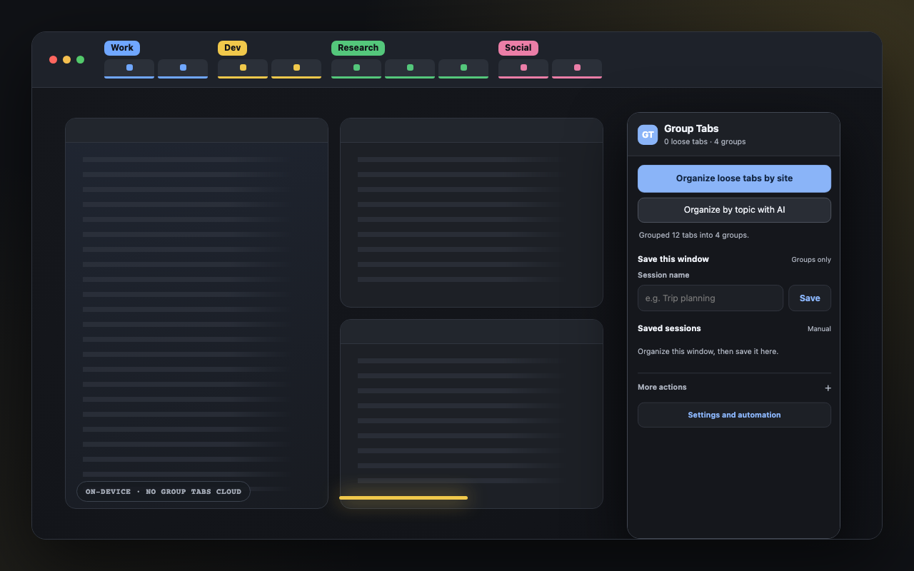 The current Group Tabs popup after organizing twelve tabs into four topics