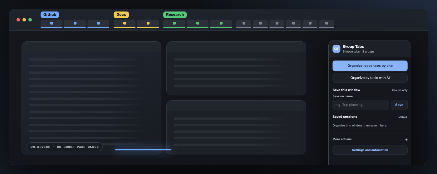The current Group Tabs popup beside site-grouped browser tabs